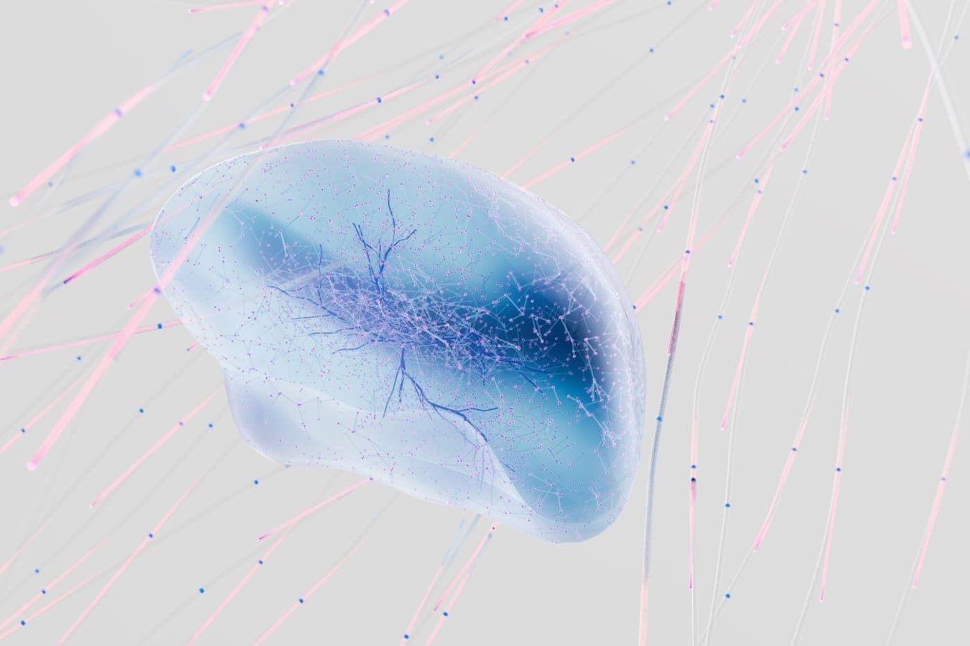 Abstract translucent blue neural form with branching nodes floating among soft light streaks on a light background