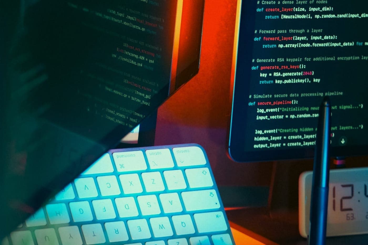 A tidy developer workspace with code on screen, keyboard, clock and a small plant