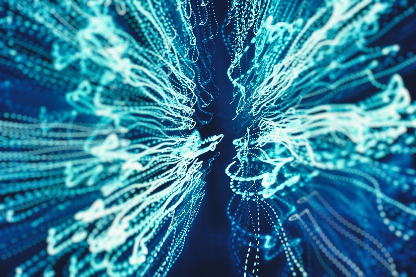 Abstract teal light streams bursting outward like flowing data on a dark background