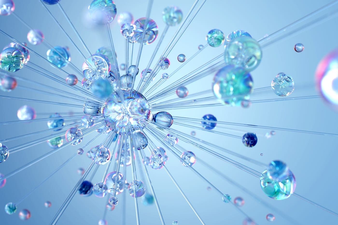 Abstract burst of glassy glowing nodes radiating along thin connecting lines on a soft blue field