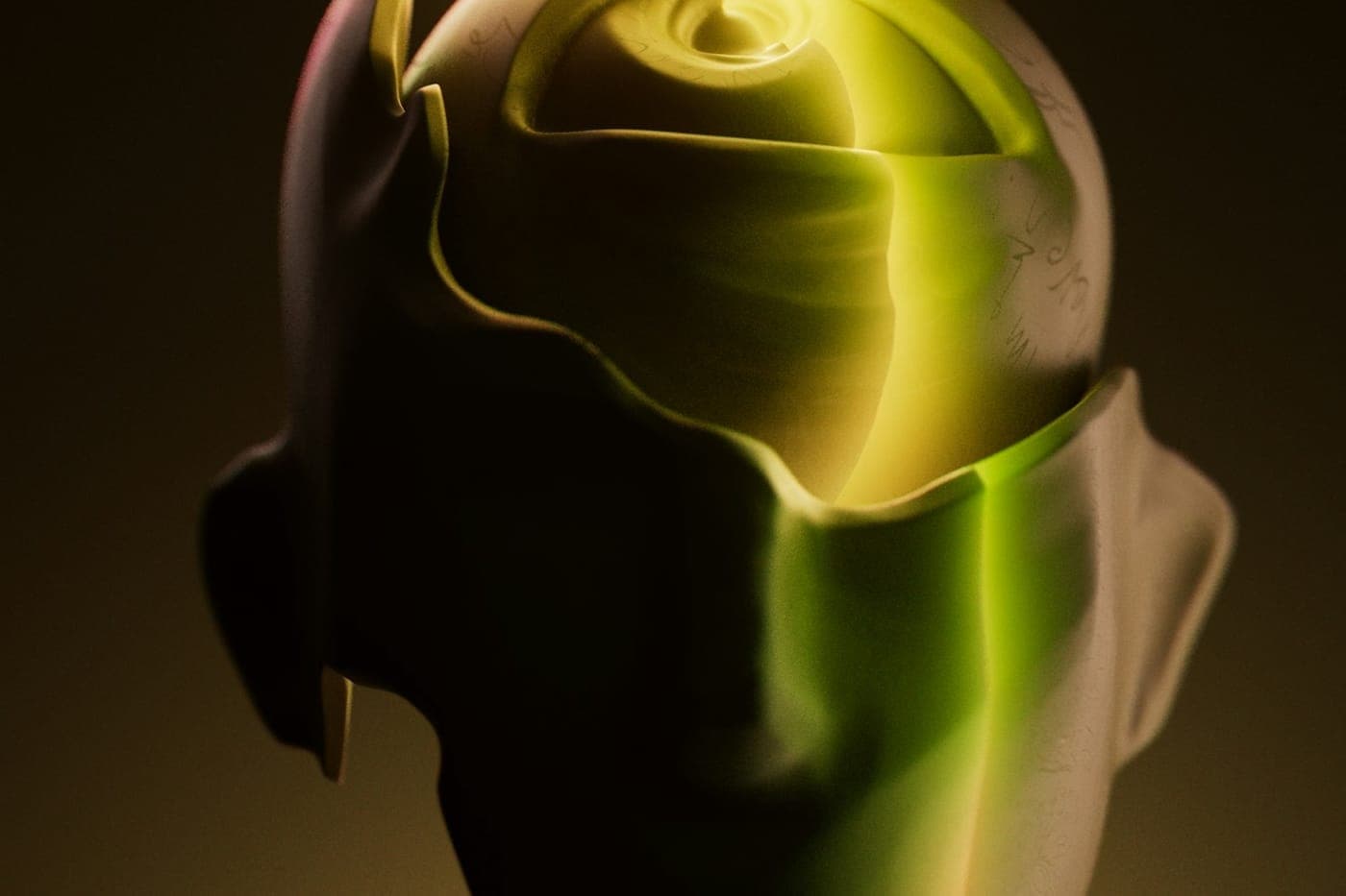 Abstract sculptural 3D form with green light flowing through cream and dark shapes