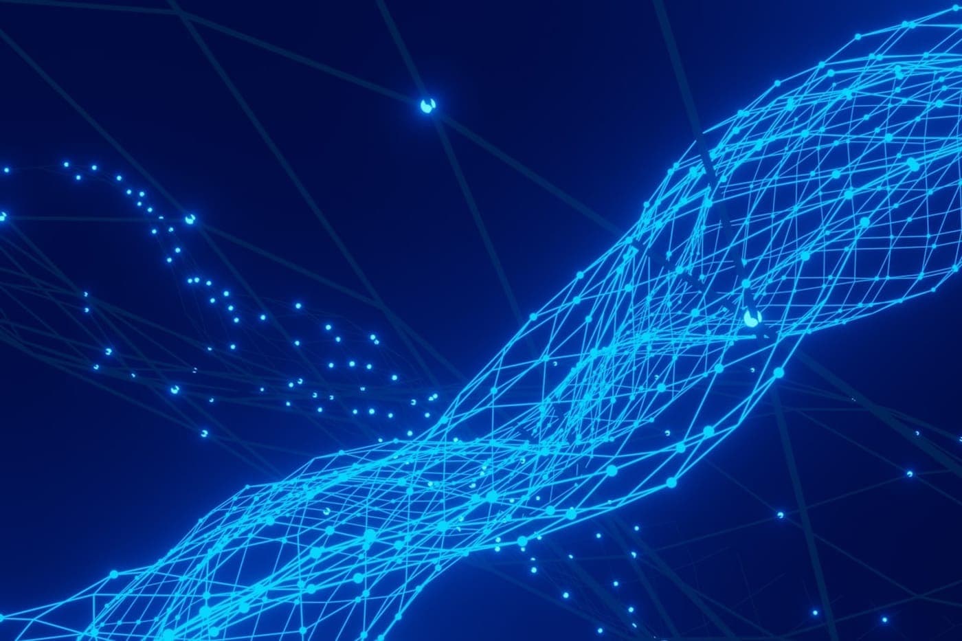 Abstract blue mesh of glowing nodes and connecting lines on a dark background, suggesting a neural network