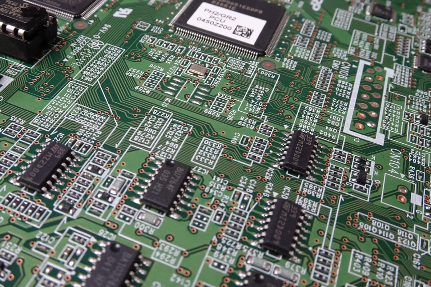 Macro close-up of a printed circuit board with chips